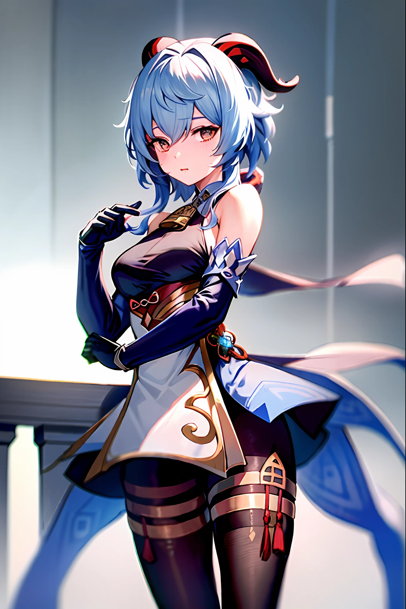 masterpiece, (photorealistic:1.5), best quality, beautiful lighting, real life,
ganyu \(genshin impact\), 1girl, ahoge, architecture, bangs, bare shoulders, bell, black gloves, black pantyhose, (blue hair), blush, breasts, chinese knot, detached sleeves, east asian architecture, flower knot, gloves, horns, long hair, looking at viewer, medium breasts, neck bell, night, outdoors, pantyhose, purple eyes, sidelocks, solo, tassel,  white sleeves, (ulzzang-6500:0.5)
, intricate, high detail, sharp focus, dramatic, beautiful girl , (RAW photo, 8k uhd, film grain), caustics, subsurface scattering, reflections
