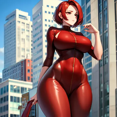 A mature woman，Height 50 meters，Short red hair is a housewife，Wear red tights，This is a superhero。slender figures,Beautiful face，Between high-rise buildings，Look up，The body structure is correct，Anatomical correct，Correct anatomy, highly detailed giantess ...