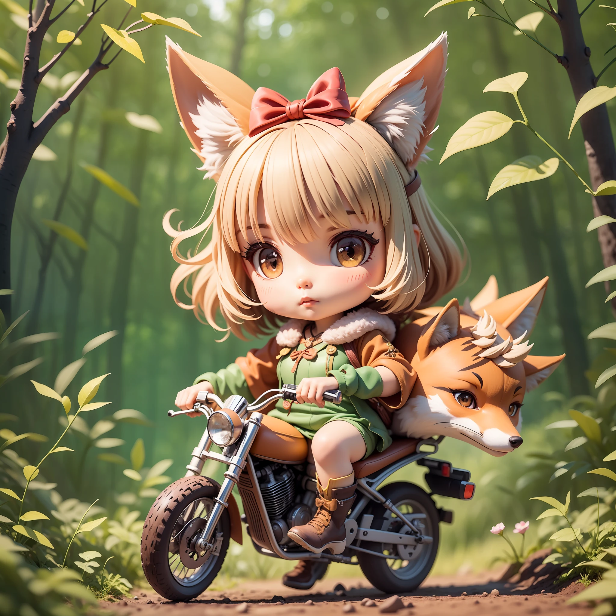 ​masterpiece、top-quality、Lots of detail、(full body Esbian:1.2)、Chibi、Hunter Girl、A dark-haired、Ainu、Pattsun bangs、(１Girl riding a giant fox)、Running Fox、3d rendered、Q printmaking style、the woods、Bow on the back