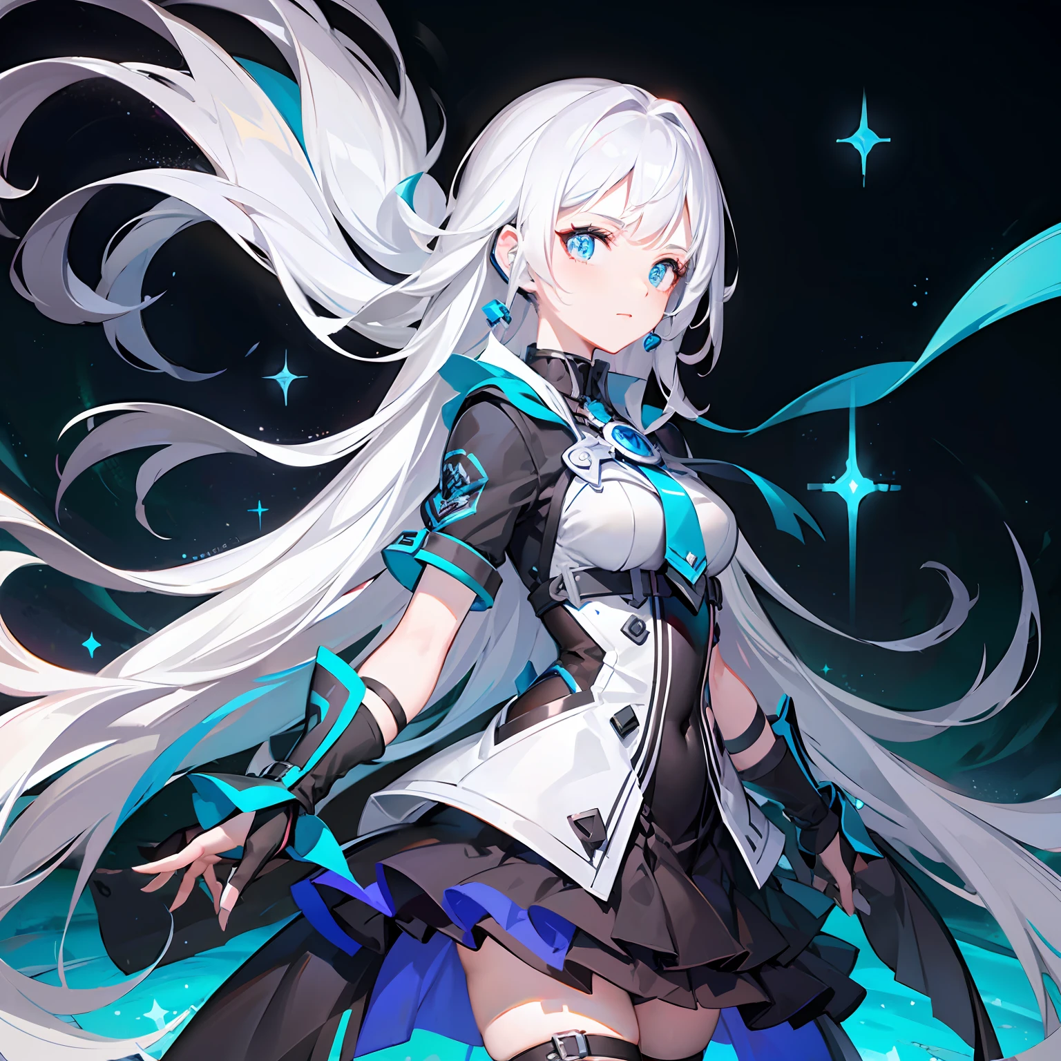 White hair, Sparkle, Masterpiece, Anatomically correct, High quality, Best quality, Highly detailed facial detail，Kizi（standing at）In the city，（From the side Side，medium to long shot），Kizi，the lora，Earphone，（（（​​clouds：0.3），multiple_Luna，（Floating_Fortress Technical Machinery），night sky background）），（cyber punk perssonage）