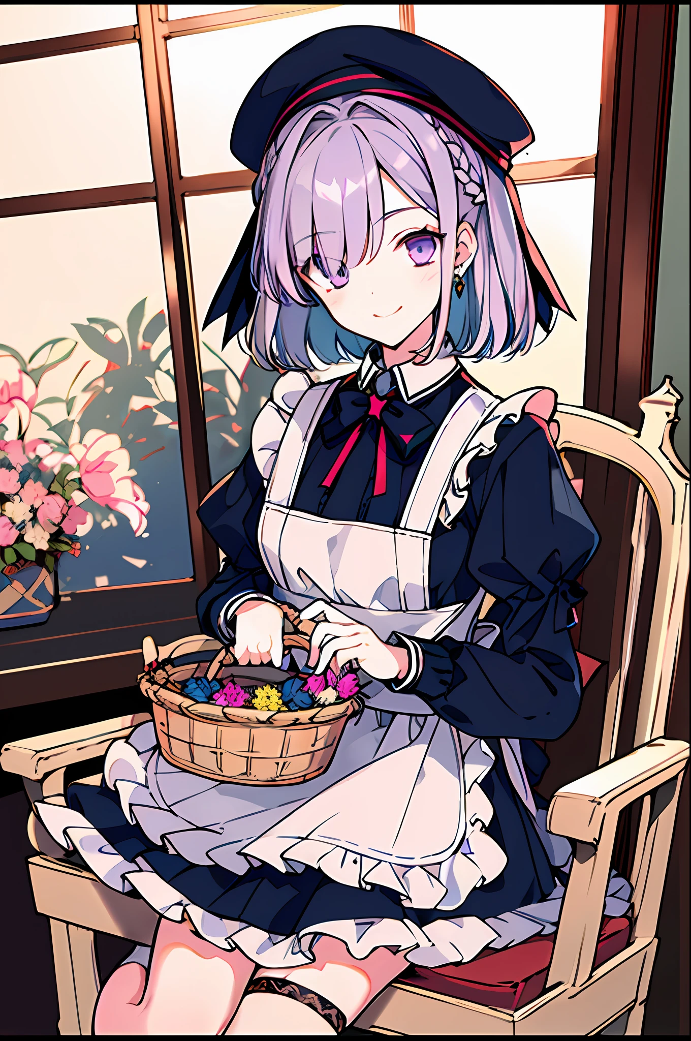 a garter belt, aprons, hair on one eye,  Multiple girls, basket，view the viewer, upper legs, Long sleeves, , Hat, Jk, curlies,  2girls, Purple eyes, Breasts, letterboxed, frilld, Closed mouth, Cross, Smile, Black dress, Short hair, whaite hair, Puffy sleeves, bangs,,flower, solofocus, Juliet sleeves, ribbon, White hair, Purple hair, jewelry, 1boy, holding basket, french braid