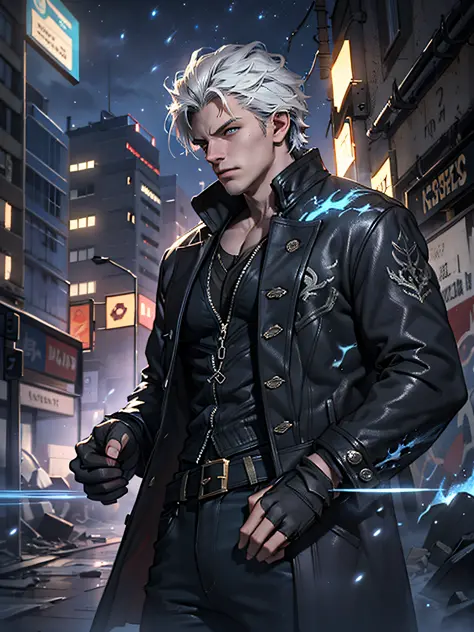 (masterpiece, best quality:1.2), 1boy, dante, white hair, open clothes, coat, fingerless gloves, belt, city, detailed eyes, dest...