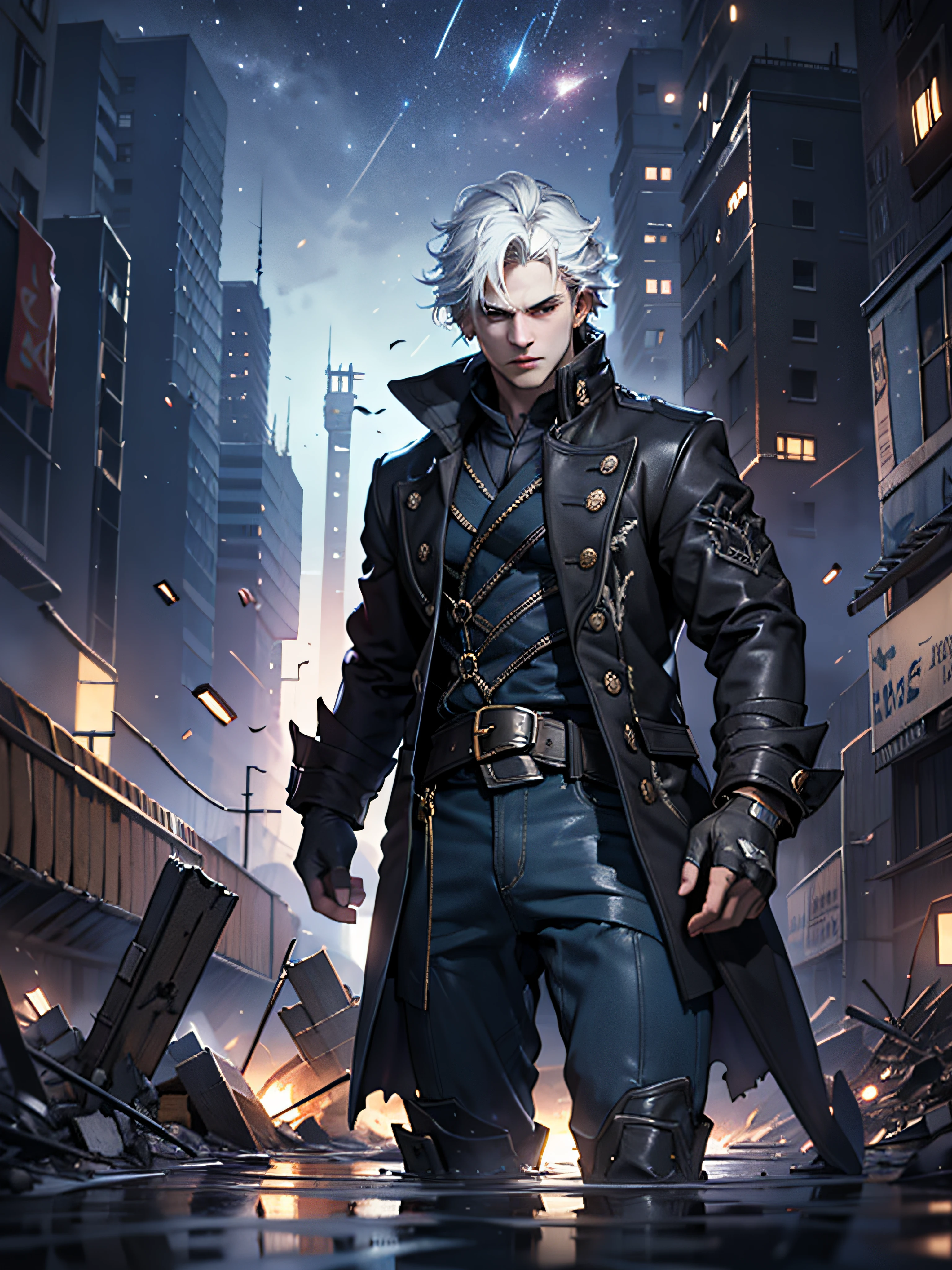 (masterpiece, best quality:1.2), 1boy, dante, white hair, open clothes, coat, fingerless gloves, belt, city, detailed eyes, destroyed buildings, destruction, (night:1.4), natural lighting, cinematic, epic, Battle pose, surrounded by blue fire, wallpaper 4k, highest quality digital art, Stunning art,8k,k, HD, unparalleled masterpiece, dynamic lighting, cinematic, epic