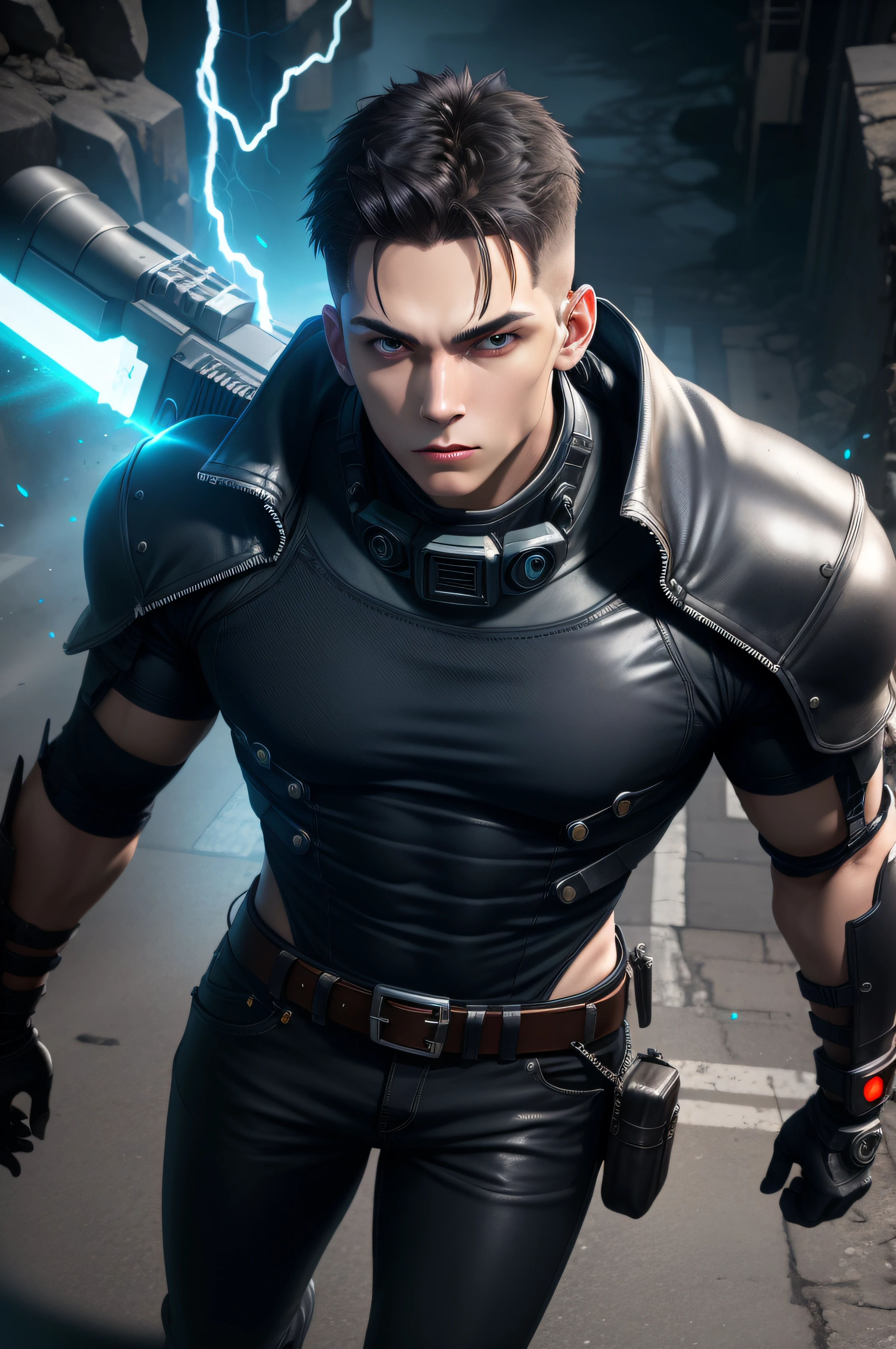 (masterpiece, best quality), 1 male, solo, adult, handsome, tall muscular guy, broad shoulders, finely detailed eyes and detailed face, extremely detailed CG unity 8k wallpaper, intricate details, intricate details, very short hair, undercut, grunge, serious expression, big arms, dark, old leather jacket, white t-shirt, medieval dark leg armor pants, neon motion stream, glowing lights, Grenade Launcher weapon, bright white energy streams of lights, rim lighting, sf, Apocalypse, from above