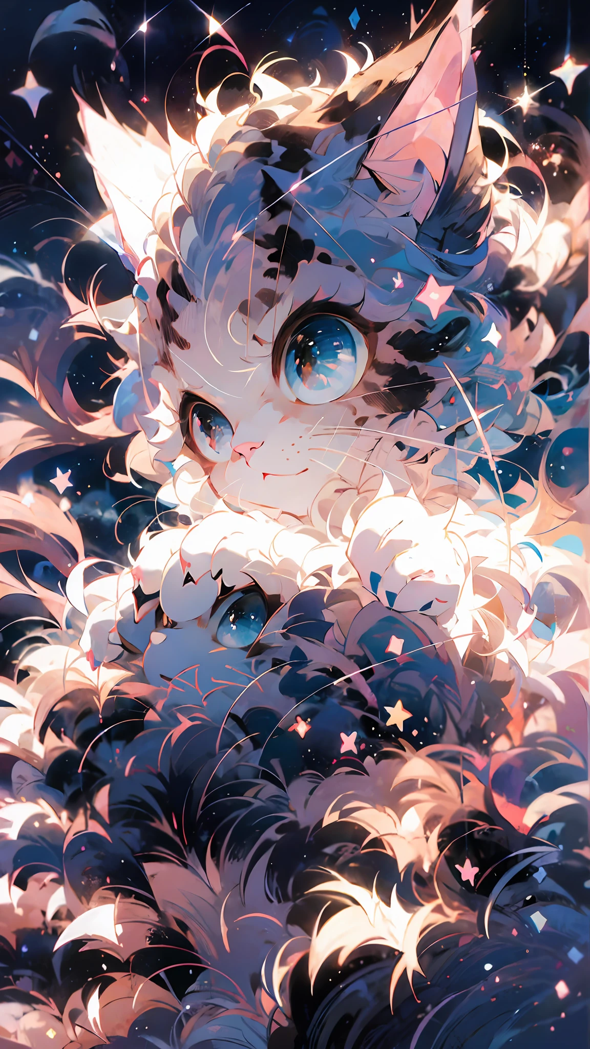 gato anime com olhos azuis e estrelas no fundo, anime cat, visual de anime de um gato fofo, gato de anime realista, Arte digital detalhada e fofa, papel de parede de arte de anime 4k, Papel de parede de arte anime 4k, arte peluda muito linda, linda garota-gato de anime, menina gato anime muito linda, Papel de parede de mangá 4k, cute anime catgirl, papel de parede de arte de anime 8k