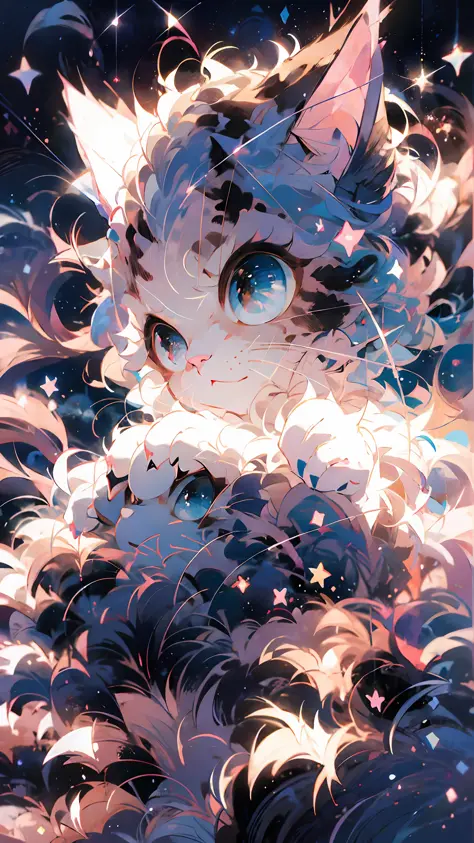 anime cat with blue eyes and stars in the background, anime cat, anime visual of a cute cat, realistic anime cat, cute detailed ...