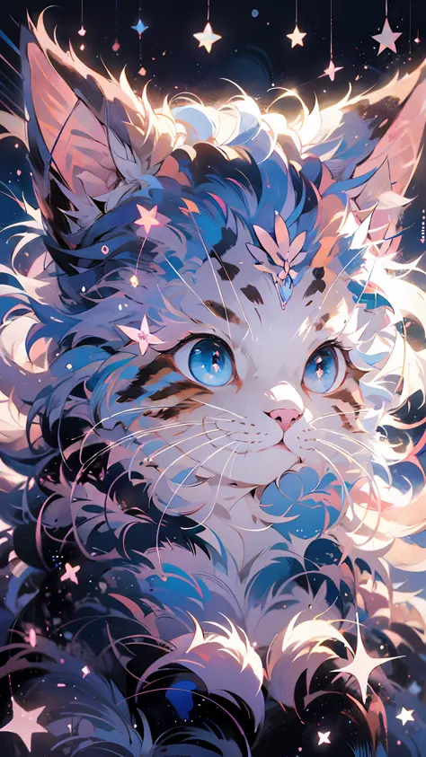 anime cat with blue eyes and stars in the background, anime cat, anime visual of a cute cat, realistic anime cat, cute detailed ...