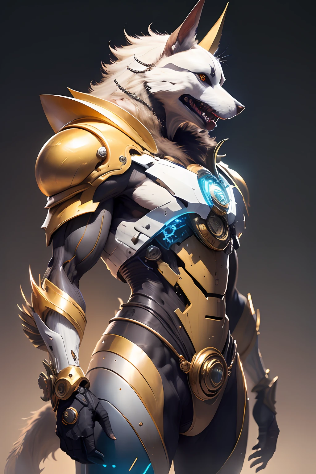 ((simple background)), 1man, godanubis, upper body. side-view, open mouth, cowboy-shot, glowing eyes, mechanical body, cyberpunk, mecha, cyber, robot. white-head. golden-blue-body, godanubis-head, anubis-head, dog-head, fur