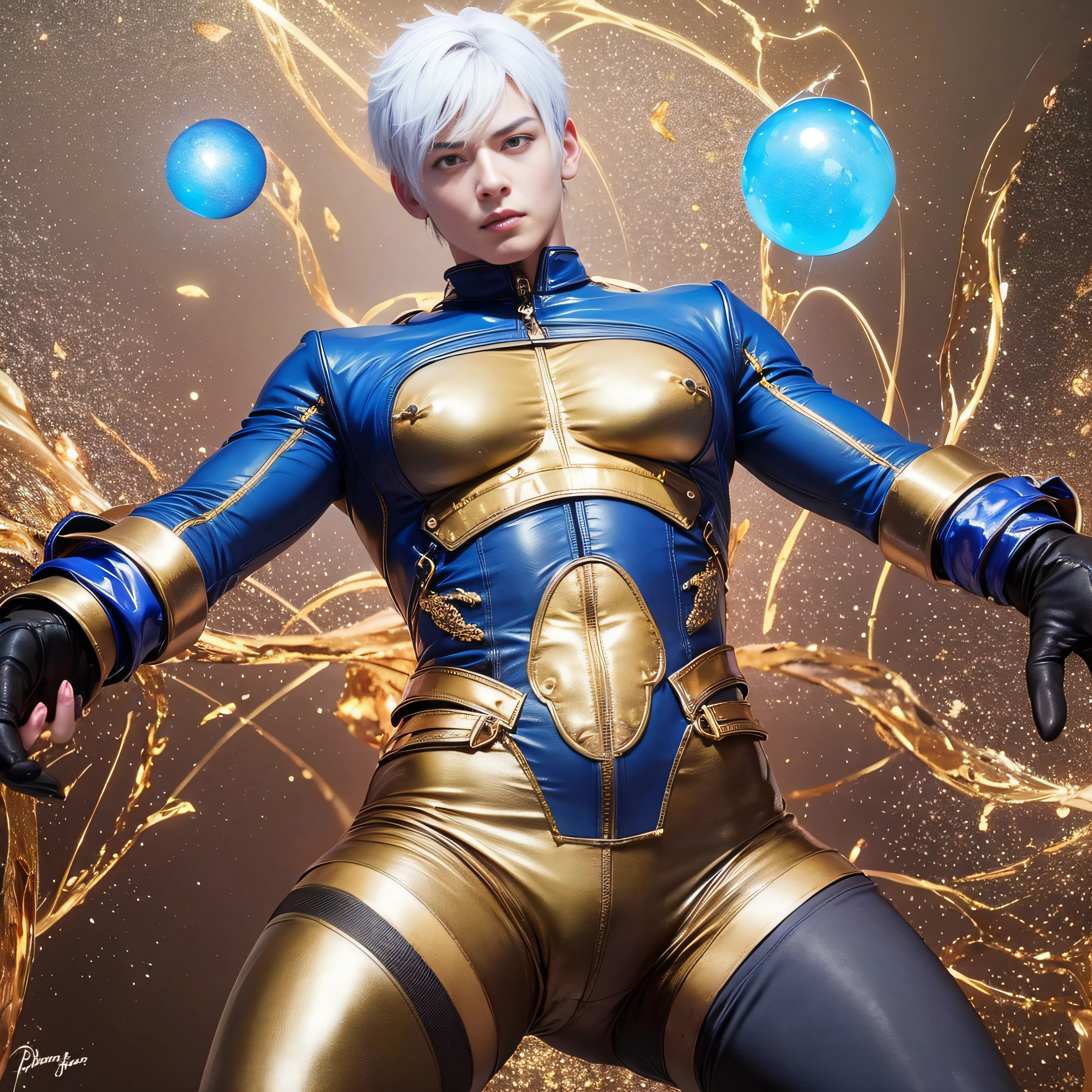 Five electric balls, one blue and one golden, anime boy with hands spread out, glowing spheres around the body, shirtless, athelic, detailed eyes, skinny leather pants, cowboy shot, action dynamic,