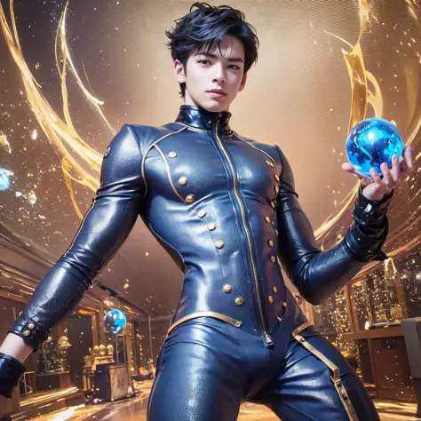 Five electric balls, one blue and one golden, anime boy with hands spread out, glowing spheres around the body, shirtless, athel...