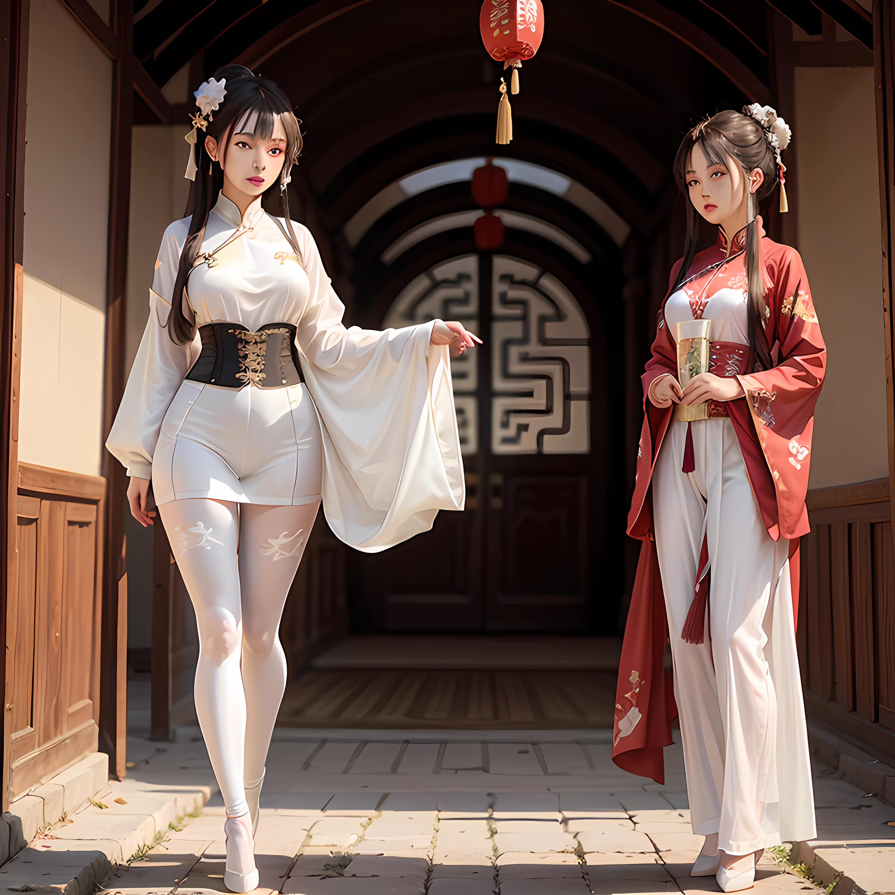 A woman dressed in traditional Chinese clothing stands in front of the building, Wearing ancient Chinese clothes, Ancient Chinese clothing with bare breasts, Palace ， A girl in Hanfu, Wear naked clothes on the old streets, White high-waisted pants，Pantyhose heels，Traditional Chinese translucent corset, Chinese translucent corset, White high-waisted pants，Pantyhose heels，full-body xianxia, Wear a translucent corset for aristocratic ladies, Inspired by Qiu Ying, White high-waisted pants，Pantyhose heels