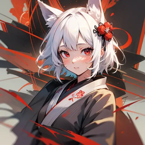 1girl,yukata,white hair,red eyes,wolf ears , illustrator, masterpiece, high quality, 8k, high resolution, high detailed, Japanes...