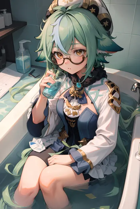 beast ear，short detailed hair，Sit in the bathtub，Glass in hand