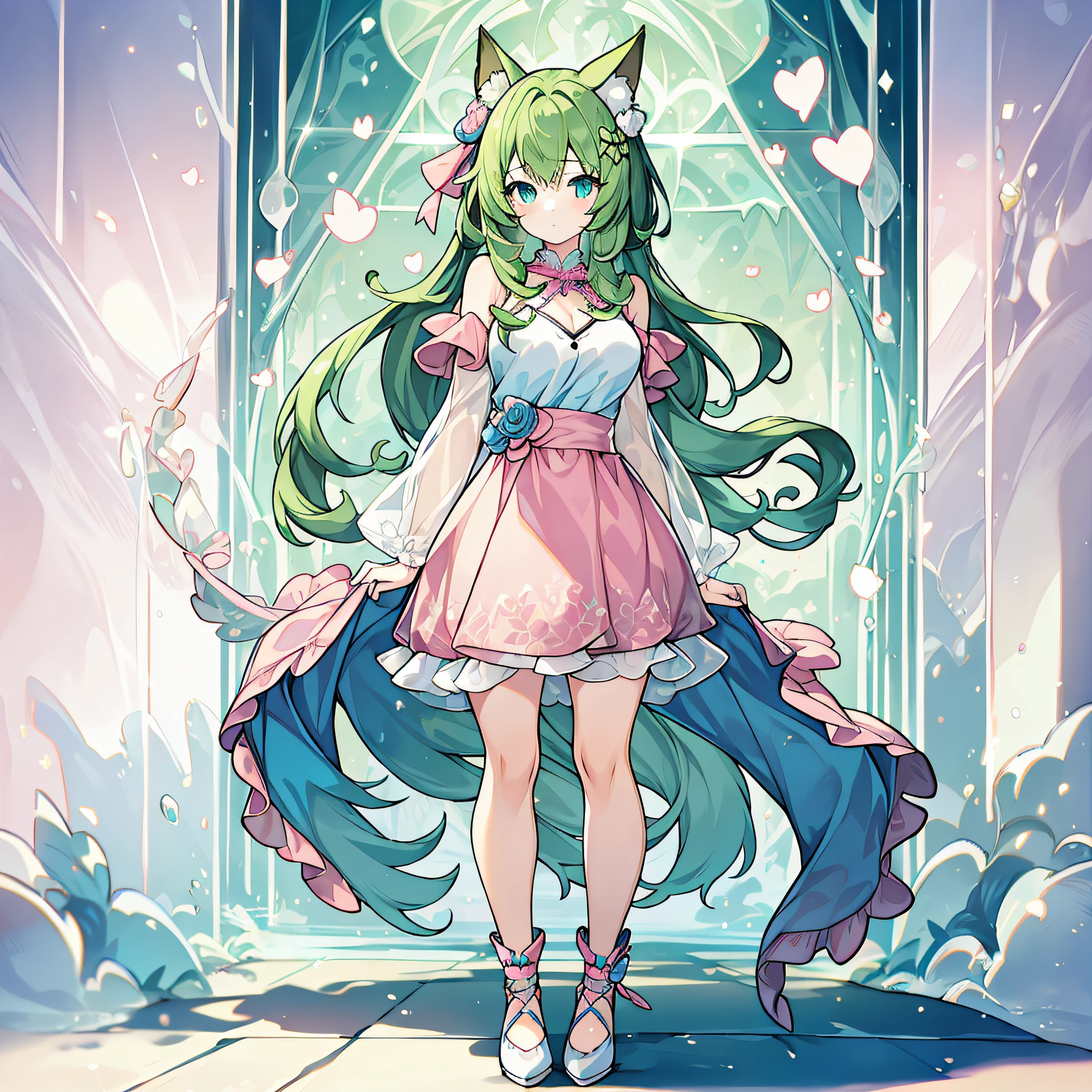 the full body picture of a girl with green hair and cat ears, wearing beautiful clothes in pink and blue, standing upright, arms behind body, looking at viewer, simple background.