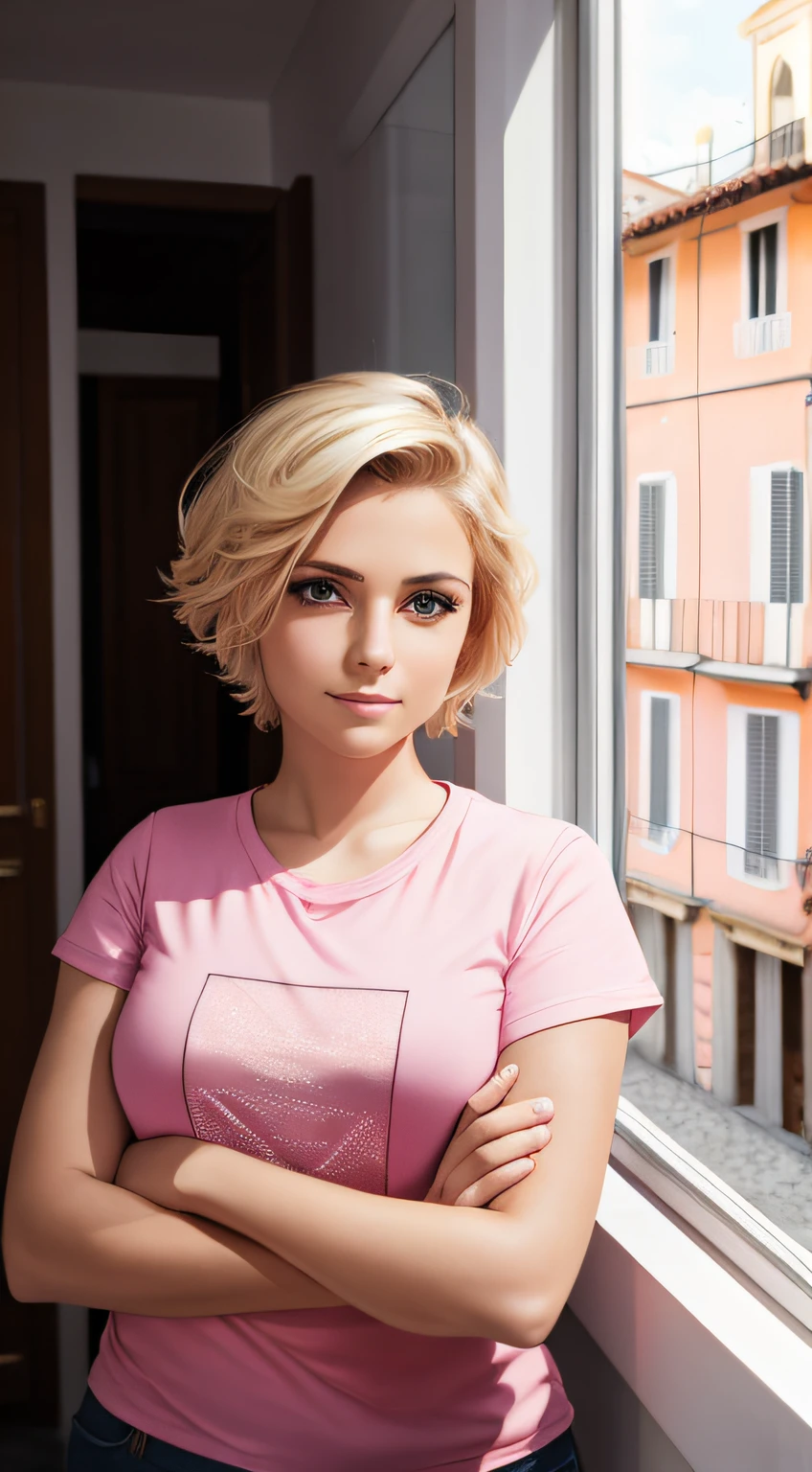 an young italian girl,worldwide famous singer,mdnn,curvy short blonde hair,looking at camera,front stance pose,half body shot,pink t-shirt,looking out from the window