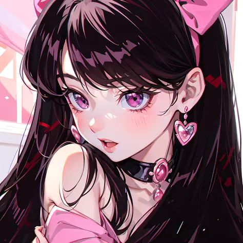 Anime girl with long black hair in pink dress and pink bow, Beautiful anime style, Beautiful anime girl, pretty anime girl, Cute...