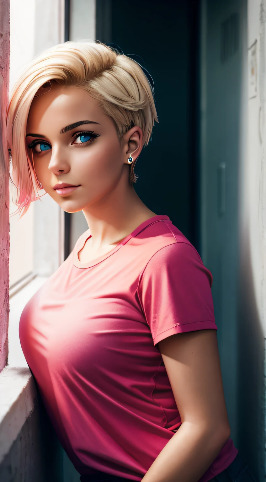 an young italian girl,worldwide famous singer,mdnn,cyberpunk,curvy short blonde hair,looking at camera,front stance pose,half body shot,pink t-shirt,looking out from the window