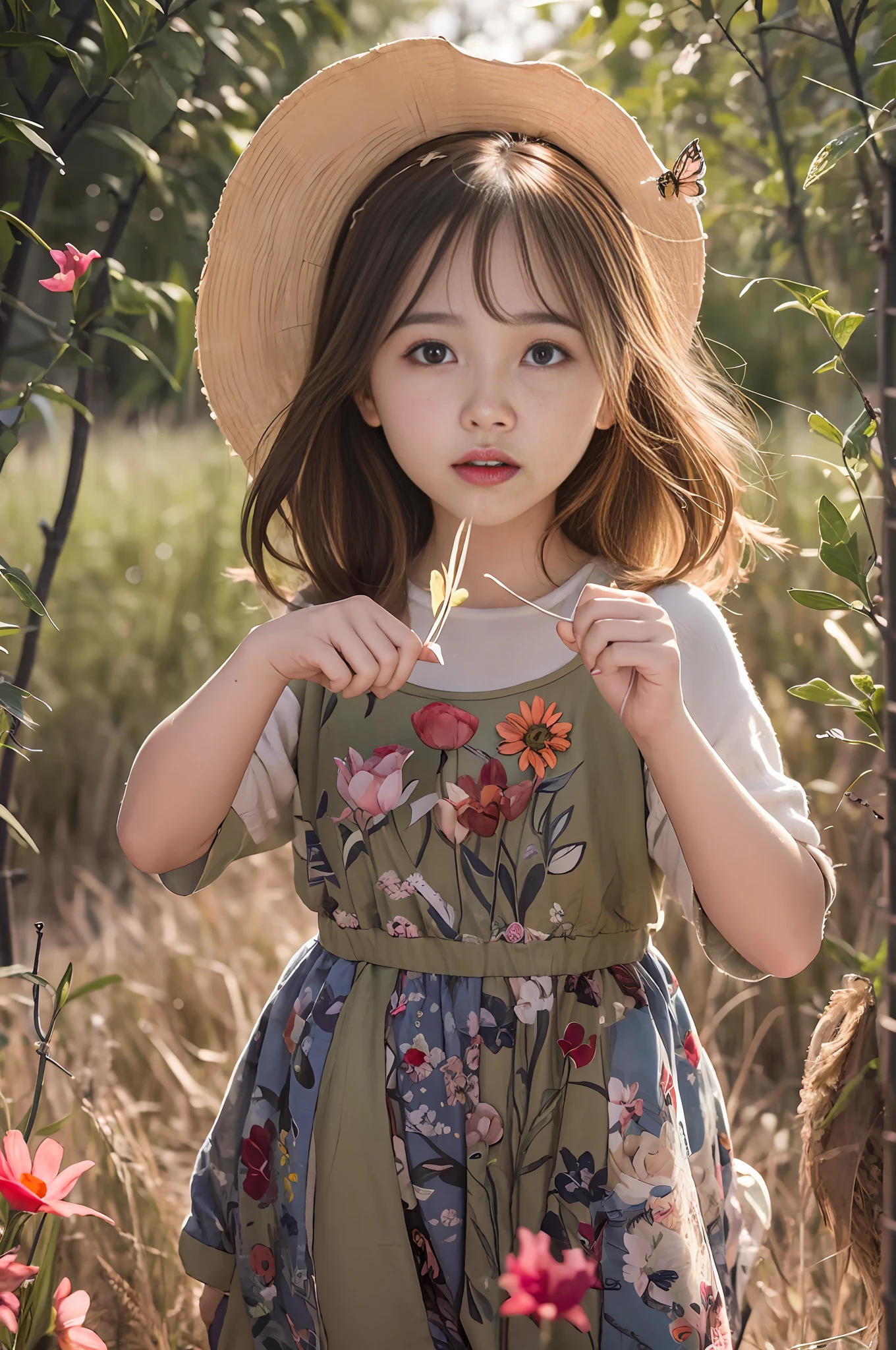 High Detail, Ultra Detail, 8K, Ultra High Resolution A cute and innocent girl, , toddler, enjoying her time in the open field, surrounded by the beauty of nature, warm sun sprinkling on her, wildflowers gently swaying in the breeze. Butterflies and birds flutter around her, adding to the playful atmosphere,