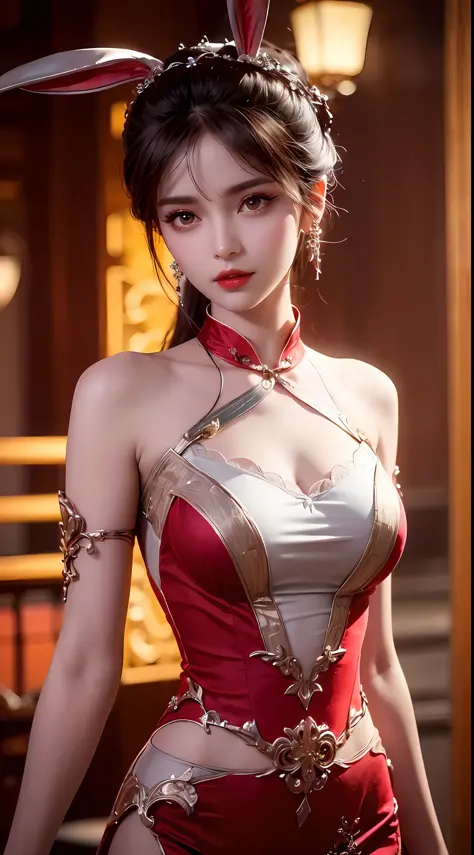 1 beautiful girl in beautiful hanfu costume, thin red silk shirt with many yellow motifs, black lace top, light pink rabbit ears...