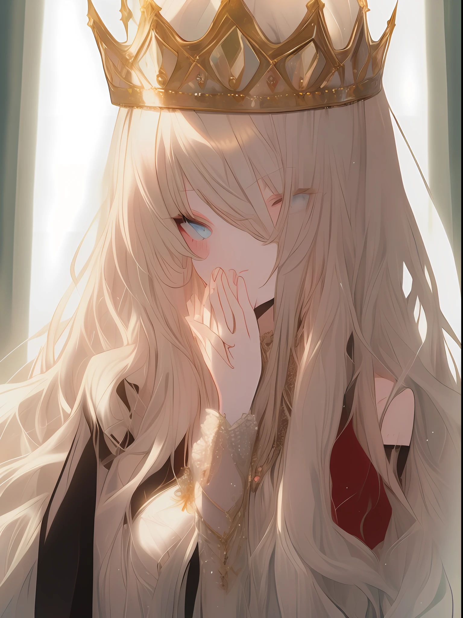 Beautiful and elegant portrait， 1girl， 独奏， jewely， long whitr hair， tiara crown， 耳Nipple Ring， looking at viewert， White blonde hair， The upper part of the body， blond eyes， Keep one's mouth shut，  veils， Own hands together， Pedras preciosas， By bangs，  longer sleeves， simple backgound， shift dresses， finger nails， Separate bangs，The halo，angelicales，devout