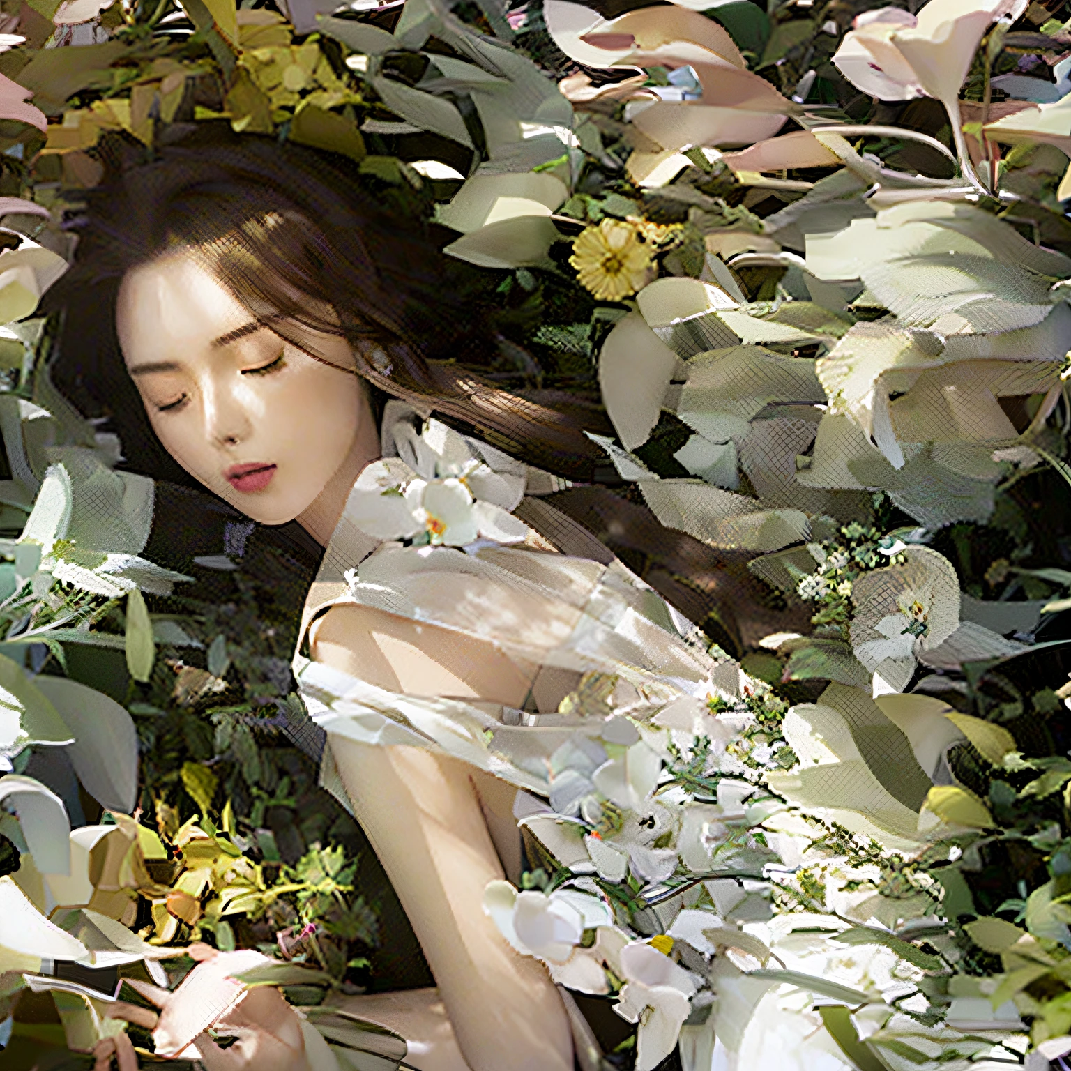 Asian girl lying on grass with eyes closed, Wearing a slip silk dress，woman in flowers, girl in a bed of flowers, inspired by Konstantin Somov, covered with flowers, Girl in flowers,Chinese beautiful woman，South Korean beauties，Japanese beauty model， covered in plants, Wrapped in flowers, in the middle of nature, Overgrown with orchids, Wrapped in flowers and green leaves