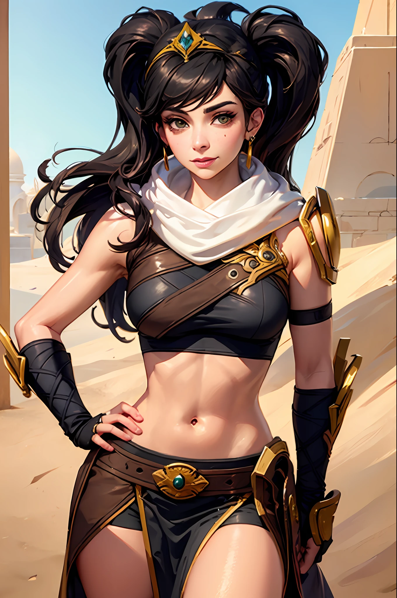 masterpiece, best quality, sivir, circlet, white scarf, bandeau, gauntlets, pelvic curtain, upper body, shiny skin, large breasts, looking at viewer, furrowed brow, smile, leaning forward, desert, egyptian architecture ((face of Dua Lipa:Evangeline Lilly))