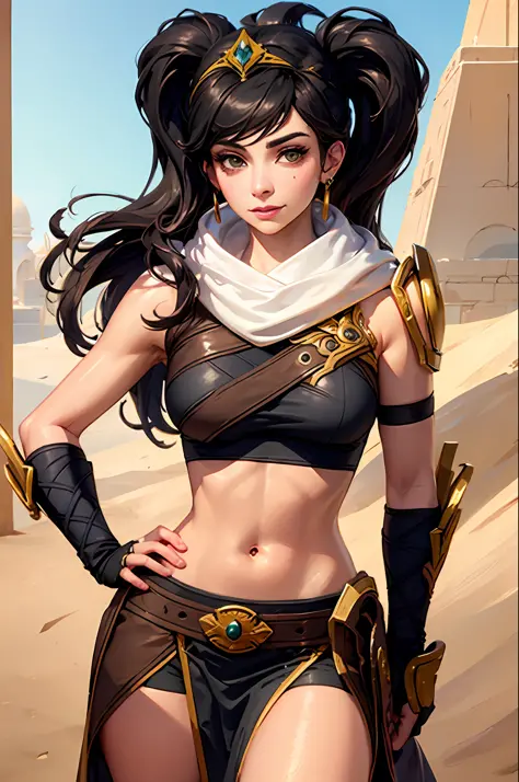 masterpiece, best quality, sivir, circlet, white scarf, bandeau, gauntlets, pelvic curtain, upper body, shiny skin, large breast...