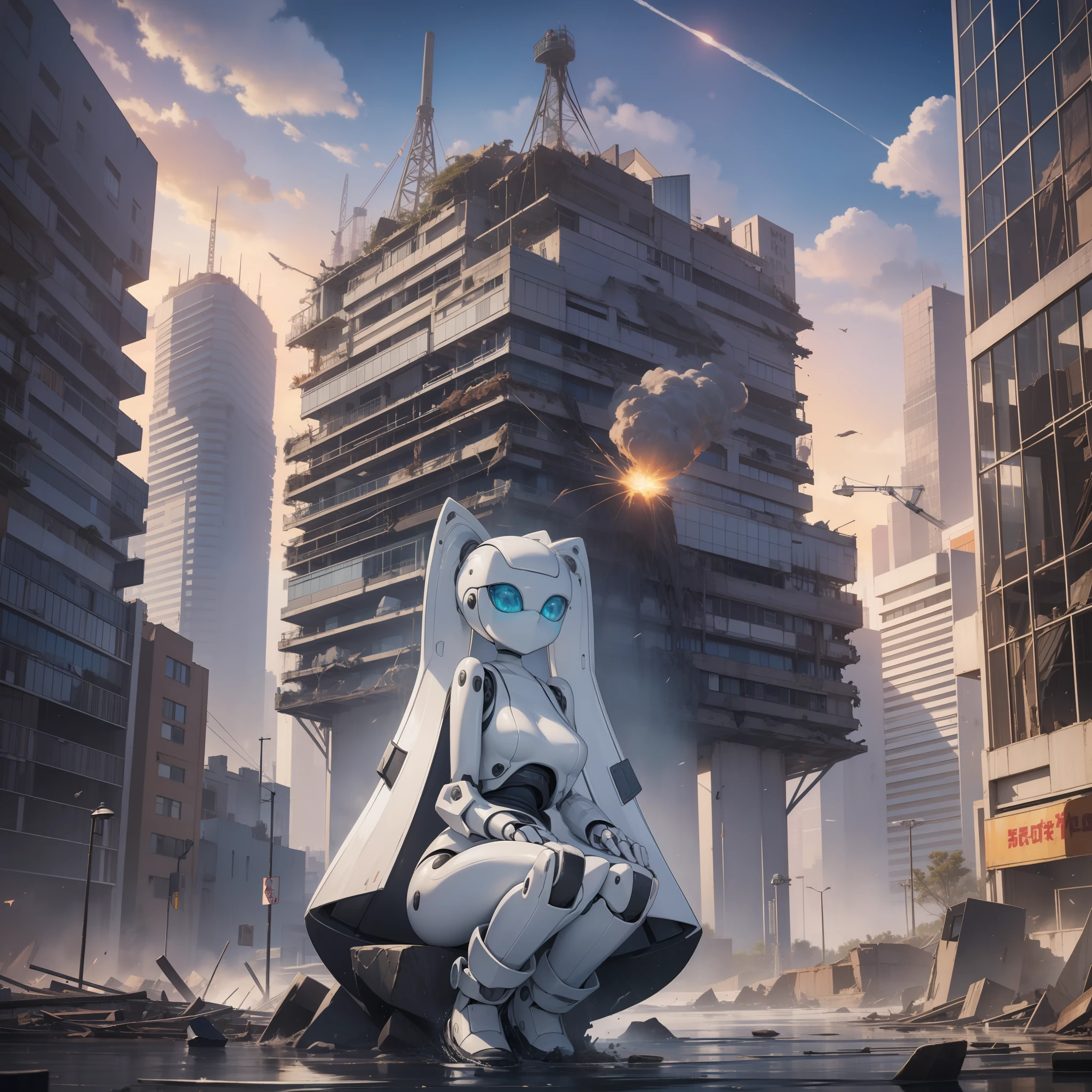 Beautiful and detailed image, drossel, twintail, boots, woman, robot, smile, blue eyes, looking at the viewer, small breasts, 4k, masterpiece, best quality, solo, single character, high detail, (no mouth), big eyes, full-length, future, science fiction, legs, metal hair, huge dump, excavator, gloomy, tower, mountains of garbage, wrecked cars, fire, smoke, ruined city, sunset, evening, ruins of the city,  anime character, android, robot, sfw, cruiser that fell on the city, starry sky, human height, flooded city, sitting on the ground, construction crane