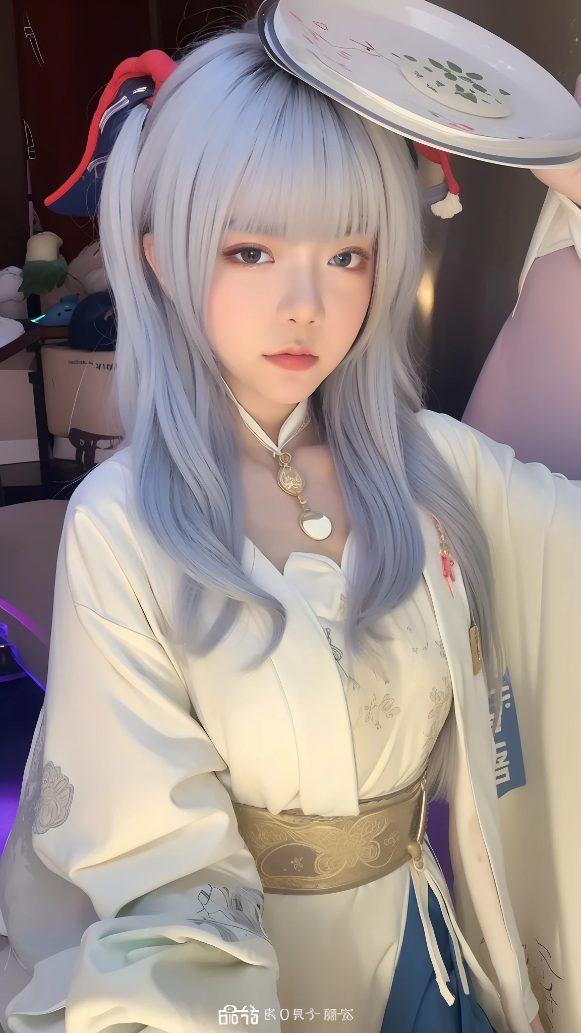 Arakfi in a white dress with a blue plate, Keqing from Genshin Impact, Anime cosplay, Anime girl cosplay, zhongli from genshin impact, white-haired god, cosplay, White Hanfu, 8K)), long  white hair, with long white hair, professional cosplay, drak, Palace ， A portrait of a woman in Hanfu，Fantasyart，photographrealistic，动态照明，poster for，Volumetriclighting，Very detailed faces，4 k，1girl，