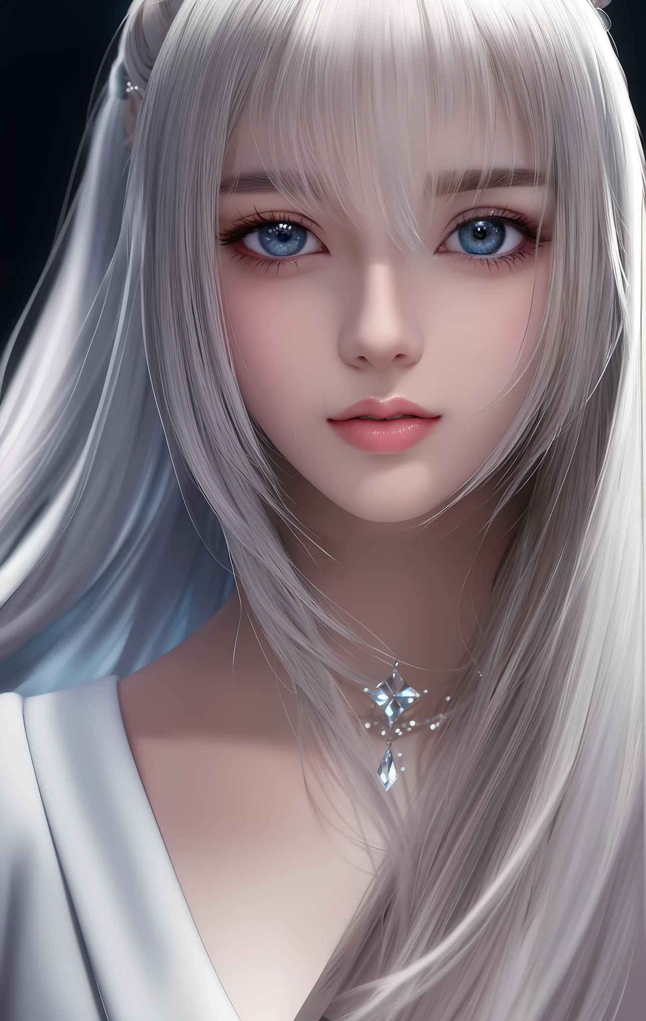 ulzzang -6500-v1.1, animesque、anime styled、ssmile、portraitures、Beautiful and moisturized silver-white eyes like crystal clear glass、Beautiful detailed woman, extremely detailed eye and face, Beautiful detailed eyes,  huge filesize, ultra-detailliert, hight resolution, ighly detailed, top-quality, ​masterpiece,  illustratio, ighly detailed, nffsw, unification, 8k wallpaper, splendid, finely detail, ​masterpiece, top-quality, Highly detailed ticker uniform 8K wallpaper, Light on the Face、电影灯光、２０Year old girl