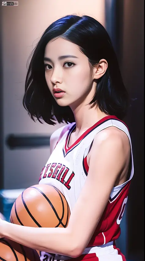 1girl in,basketball,red uniform, black_eyes, black_head hair, clothes_writing_10, holding_ball, jersey, s lips, shoulder-length ...