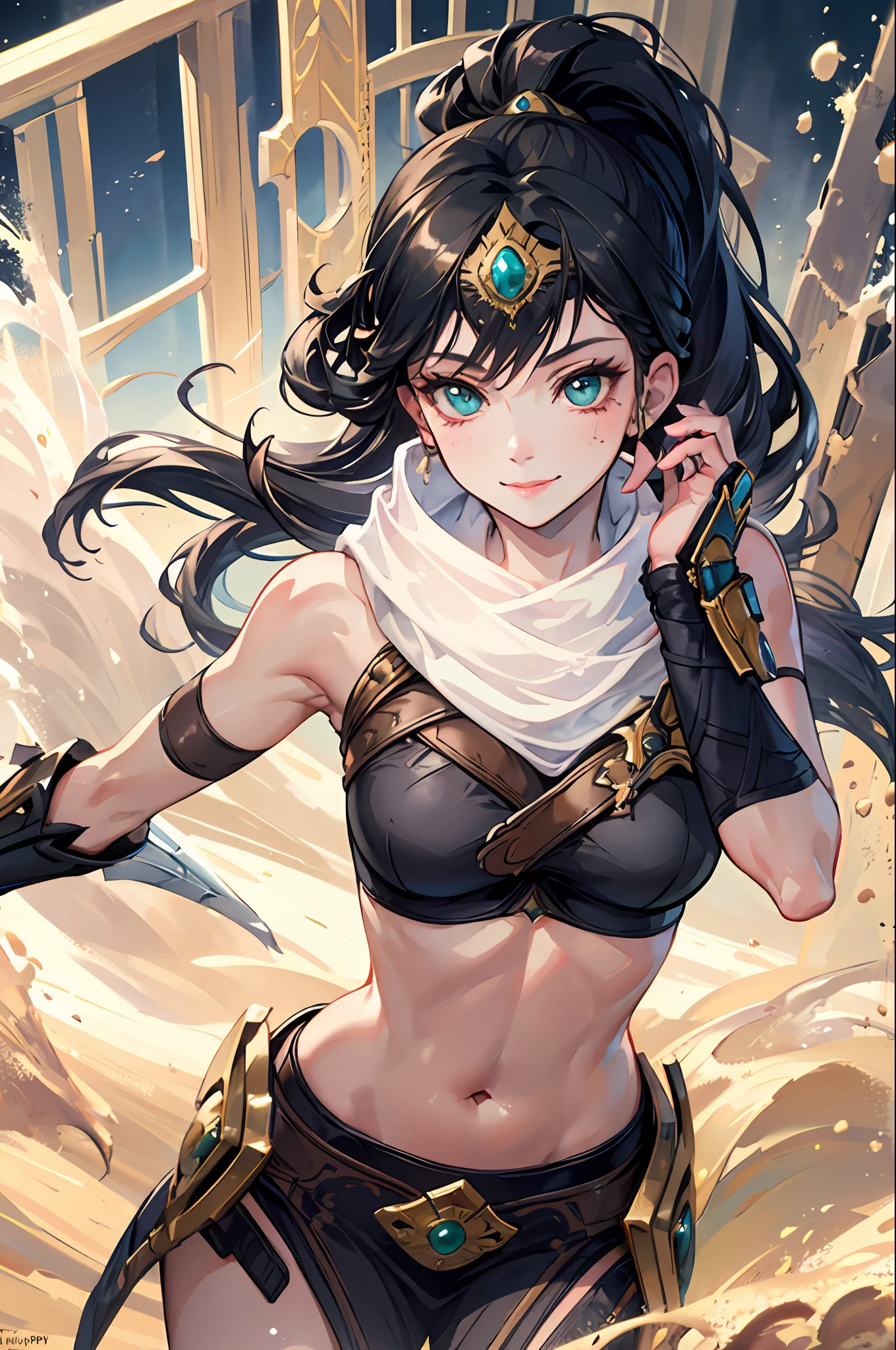 masterpiece, best quality, sivir, circlet, white scarf, bandeau, gauntlets, pelvic curtain, upper body, shiny skin, large breasts, looking at viewer, furrowed brow, smile, leaning forward, desert, egyptian architecture ((face of Dua Lipa:Evangeline Lilly))