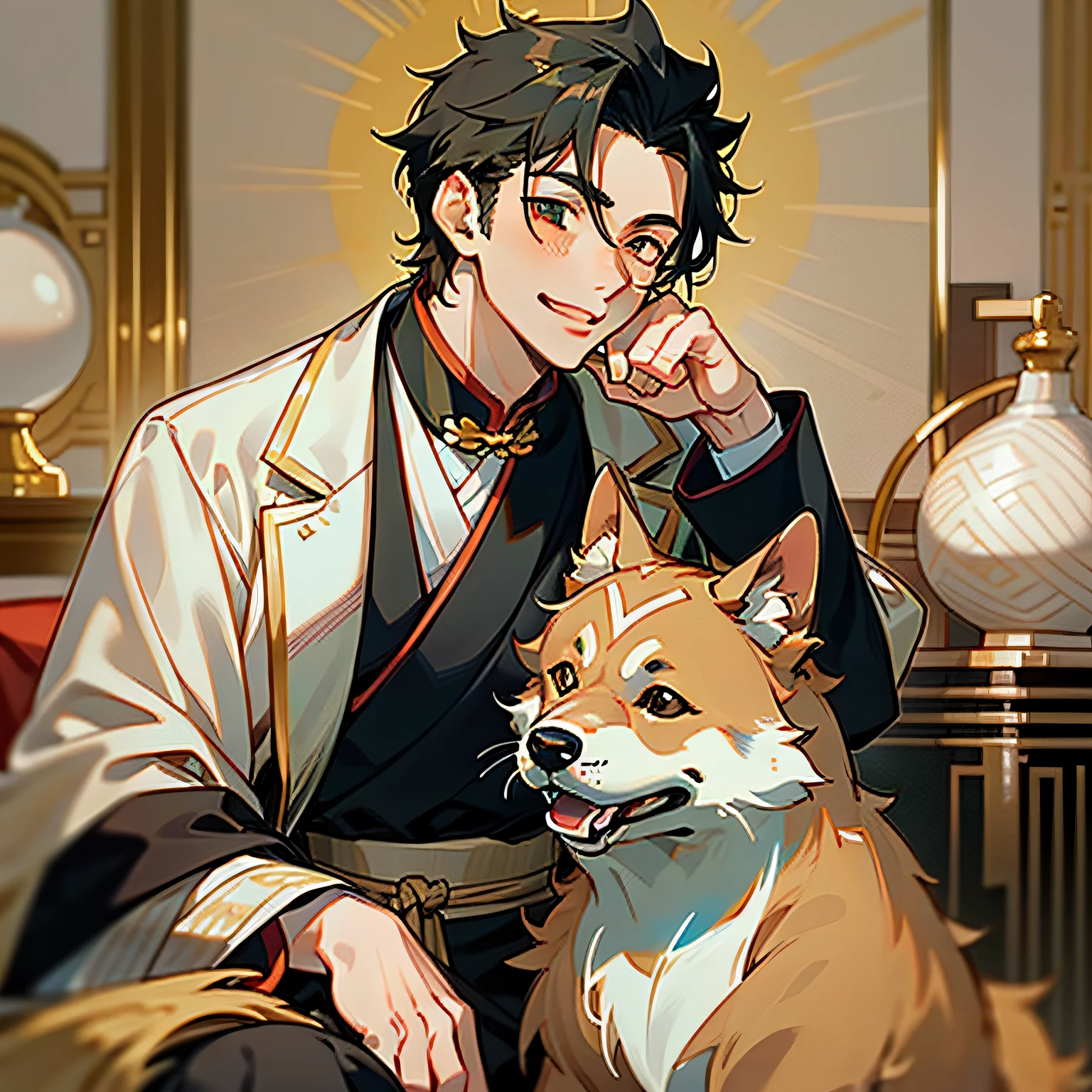 The oriental nobleman holds a golden dog in his arms, The big golden dog beside him, Chinese man, Mature young Chinese, Gorgeous young chinese man big dog, Golden Retriever, Young Asian man, asian man, Cute dog,Golden fluffy fur，English dog，Asian male，pet animal，Asian male，happy facial expression