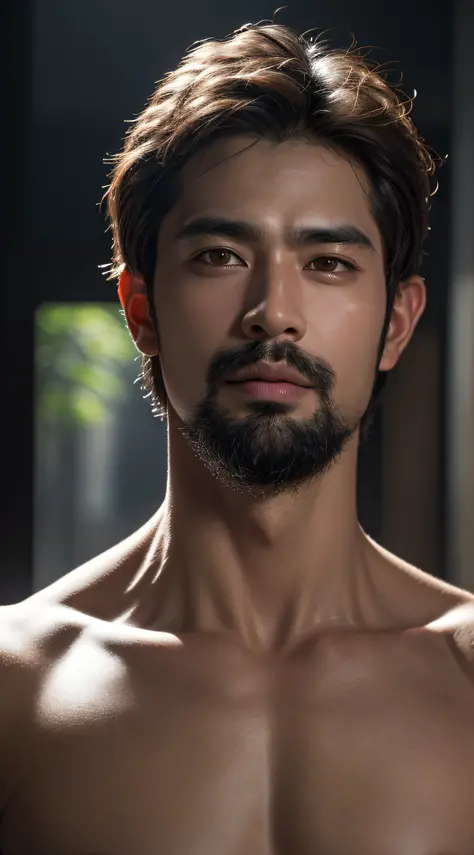 Best quality, masterpiece, ultra high res, (photorealistic:1.4), raw photo,  handsome male, facial hair,Asian