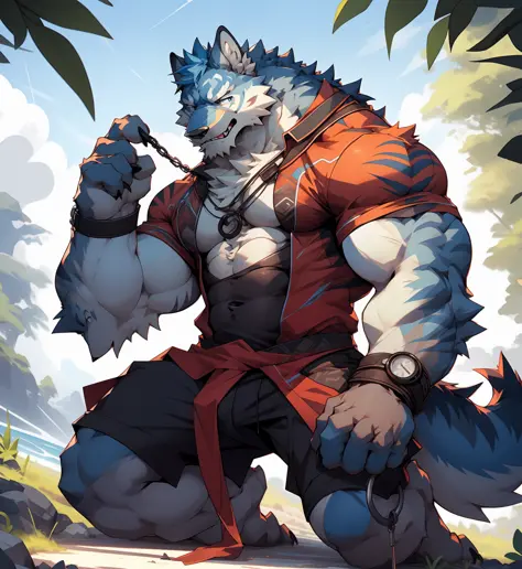 （best quality at best，tmasterpiece），锁链，werecreature，blue hair，blue colored eyes，bring handcuffs and collars，strong，nsfw，muscular...