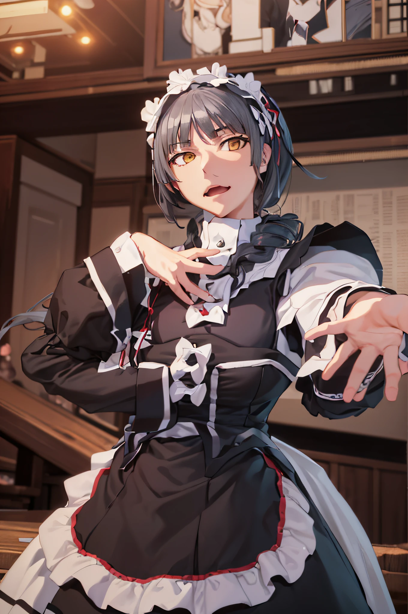 (Extremely detailed Cg Unity 8K wallpaper), (Masterpiece), (Best quality), (Ultra-detailed), (Best Illustration), (Best shadow), (absurderes), 1girll, Solo, Samurai, maid, maid headdress, Expressionless, v arms, Own hands together, dining room, hanging lights, extremely detailed background, view the viewer