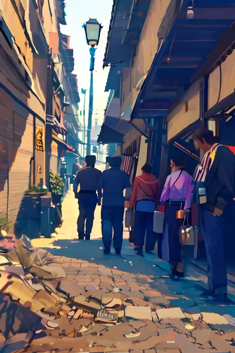 People are walking down a narrow alley with a building in the background, Old Japanese street market, vintage footage on tokyo s...