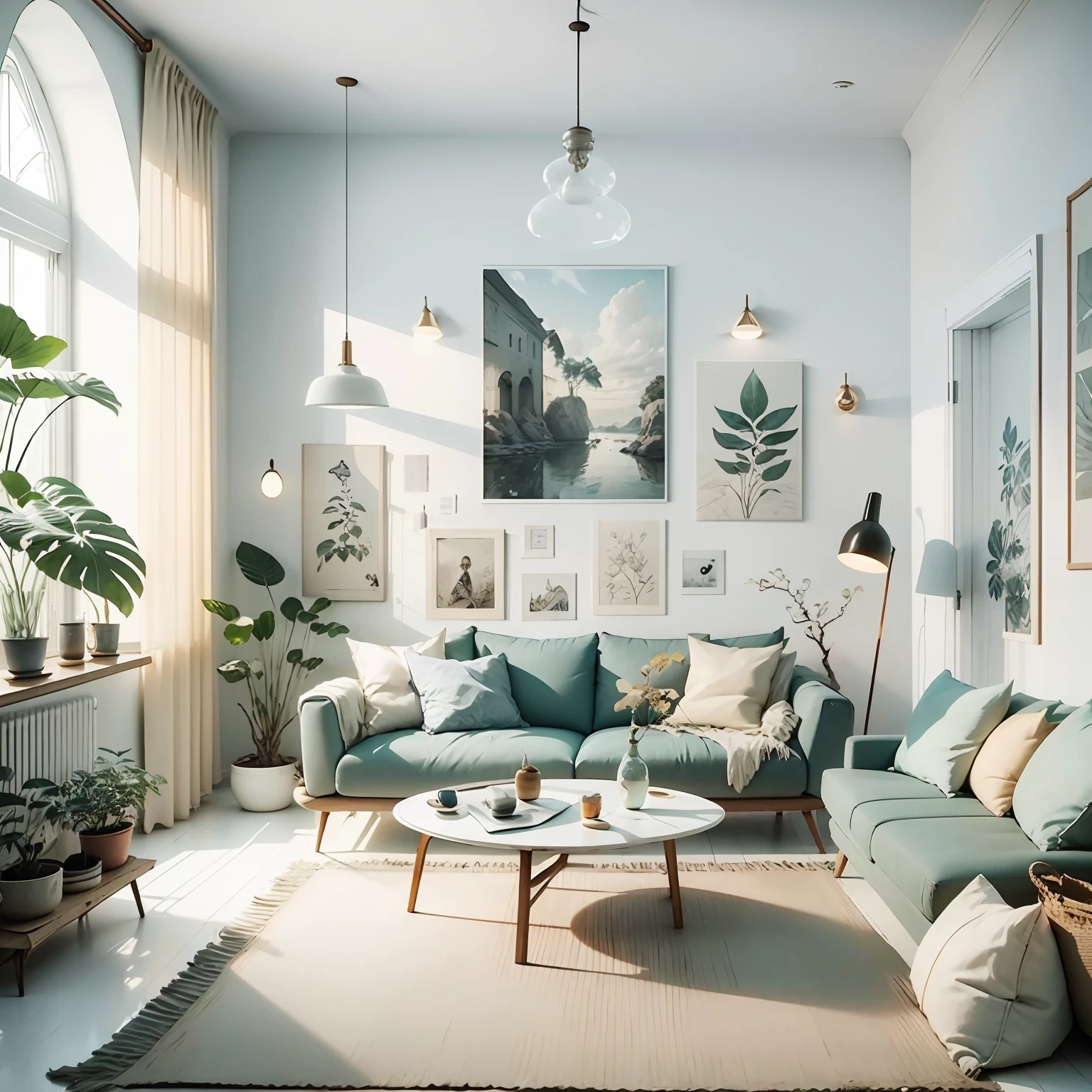 Scandinavian modern interior design living room、white walls、