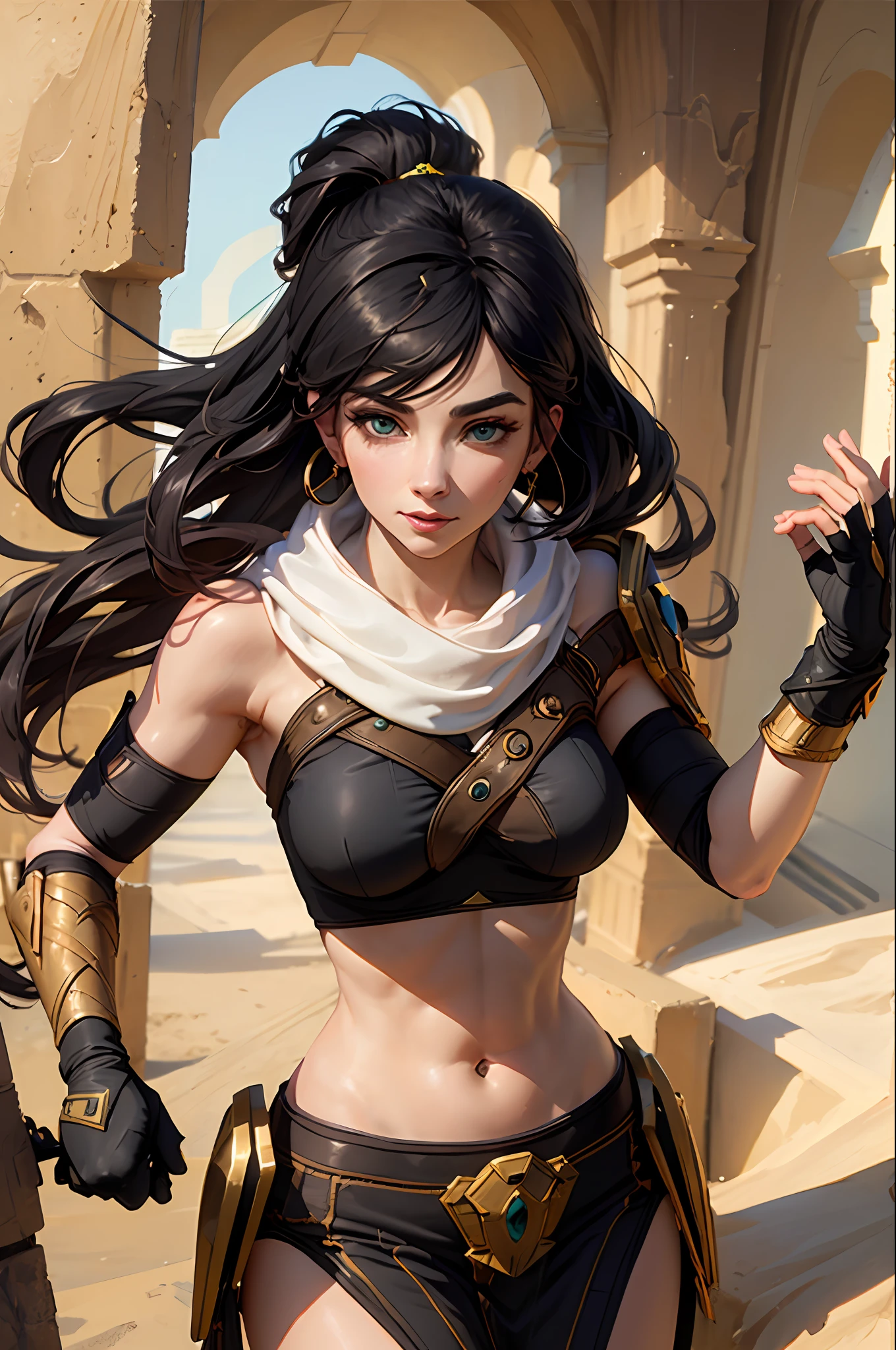 masterpiece, best quality, sivir, circlet, white scarf, bandeau, gauntlets, pelvic curtain, upper body, shiny skin, large breasts, looking at viewer, furrowed brow, smile, leaning forward, desert, egyptian architecture ((face of Dua Lipa:Evangeline Lilly))