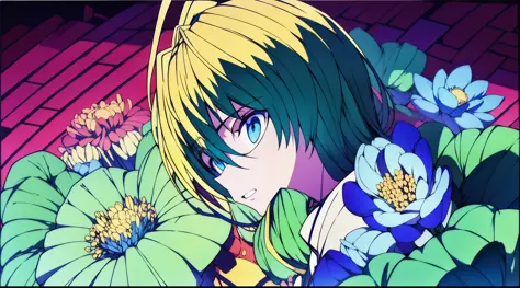 anime (8k, foto RAW, melhor qualidade, obra-prima: 1.2), ultra detalhado, kurapika,olhos vermelhos,flor de lotus,raios,sangue