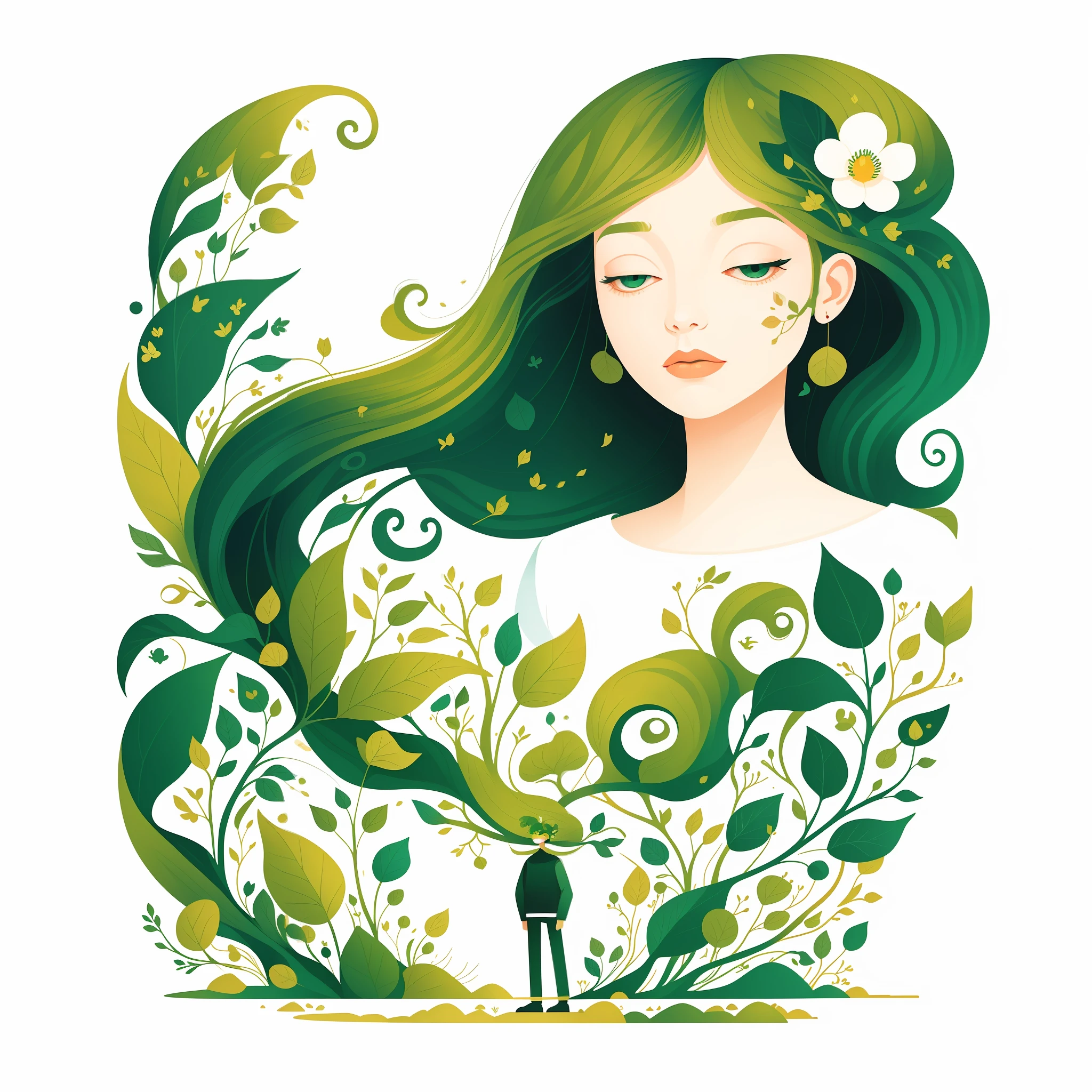 (Иллюстрация:1.3) зеленый человек,  Изолированные на пустом чисто белом фоне(3)(художница Анна Диттман:1), (((шедевр))), (((Лучшее качество))),((очень нежный и красивый)), Плоская иллюстрация