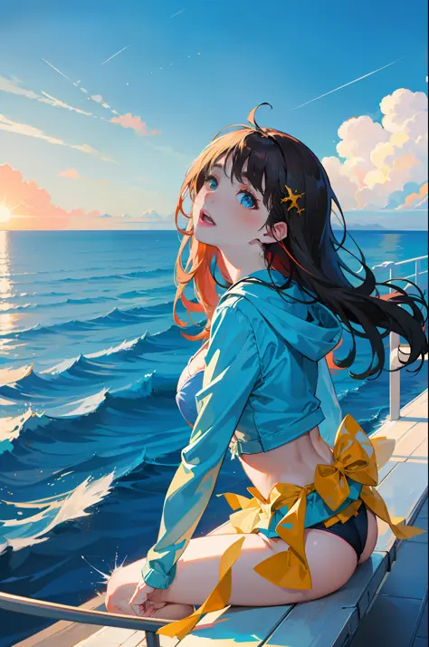 ​masterpiece, finely best quality, anime girl sitting on a boat looking out at the ocean, 1 beutiful girl、Blue Sea、Coral Reef Island、Ride a small yacht、(Huge laughter:1.1)、(Wide-opened eyes:1.2)、Sun glare、Bikini swimwear、Slim body、small tits、full bodyesbia...