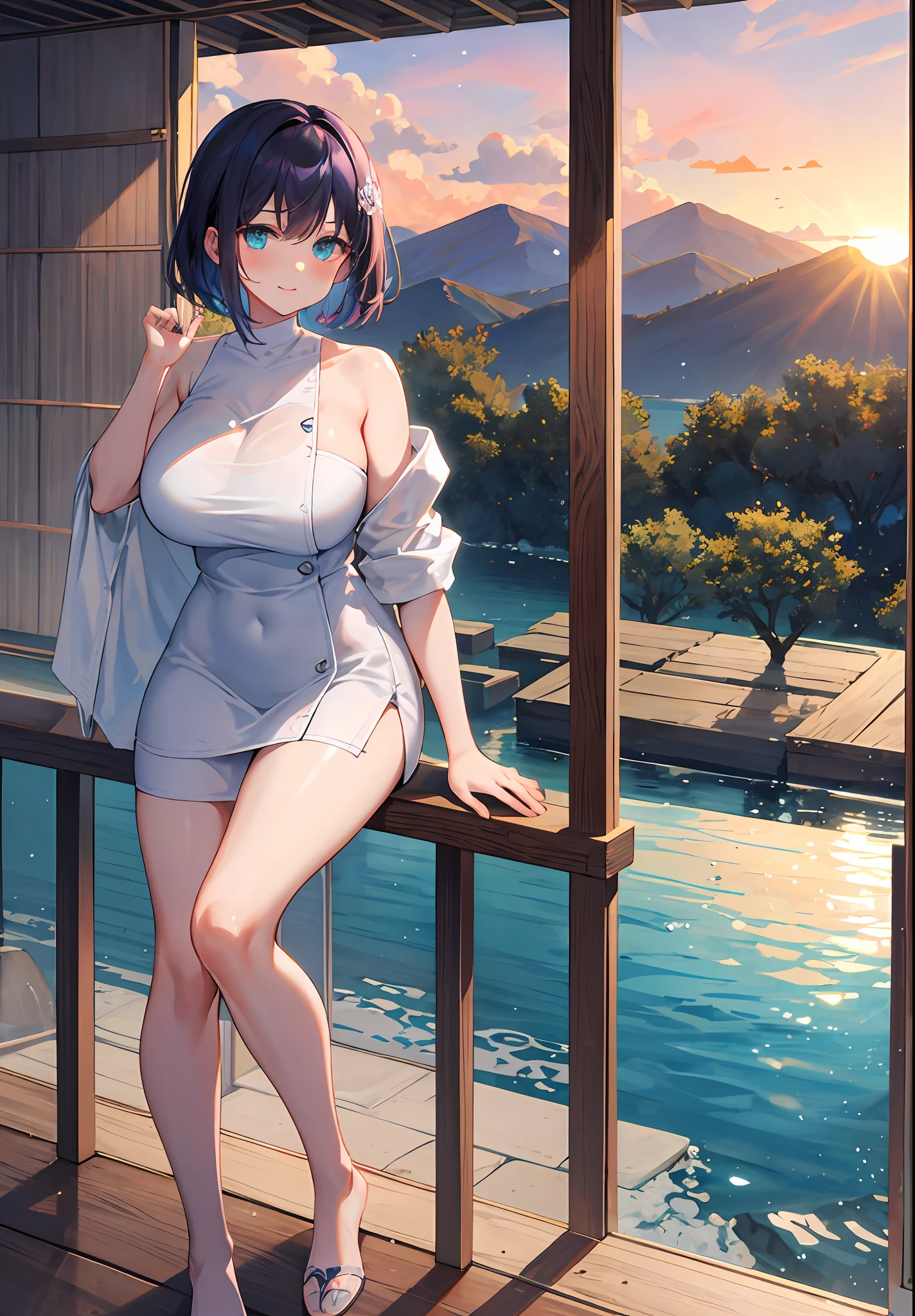 VerydetailedCG，UHD wallpaper， extremy detailed，（（（Best Quority）））， （（ultra details））， 1girl huge large breasts， Animal_oren， Black_Hair， Blue_eyes， Large breasts， cat_oren，（Naked_Towels）， the clouds， Cloudy_Sky， crepuscular， nights， Gradient_Sky， horizon， Looking_At_peeping at the viewer， makeups， mediating_breasts， Aqua Eye， woven， water， droplets of water， mont， mountainous_horizon， navels， the ocean， orange_Sky， exteriors， palm_tree， The purple_Sky， Red_Sky， short_Hair， Sat down， skyward， ssmile， solo， suns， sunraise， sun setting， Towels， The tree， at twilight， water