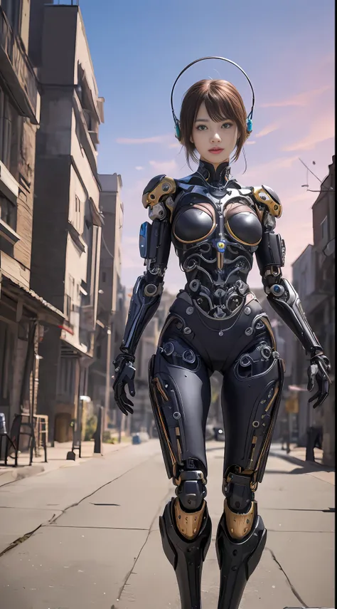 cute young biomechanical steampunk cyborg woman realistic movie shallow focus scene, her full body standing with a fluid movemen...