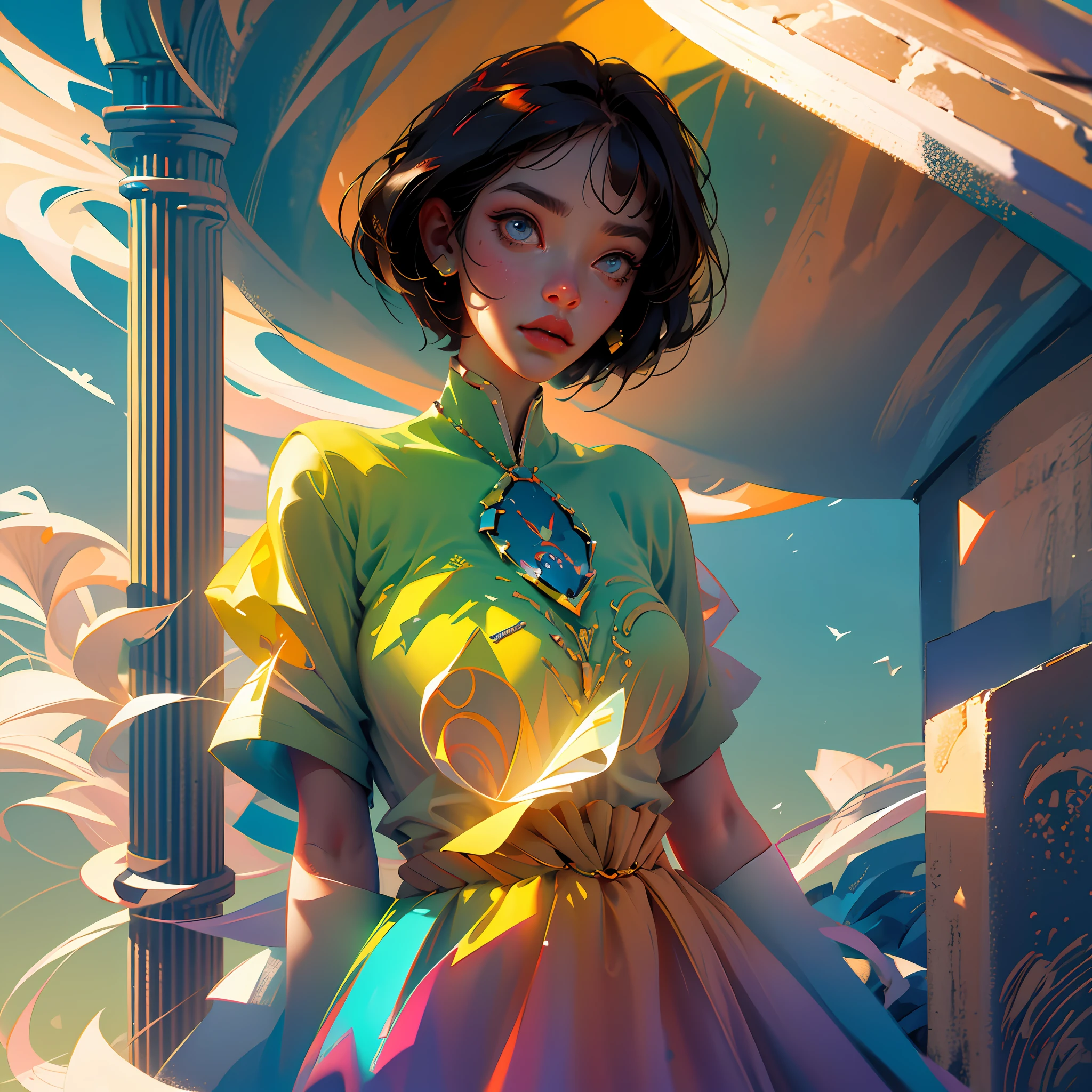 best quality, masterpiece, super high resolution, girl, hand drawn illustration style, shoulder, in the sun, understated, cold light, short hair, 8k, colorful, --auto --s2