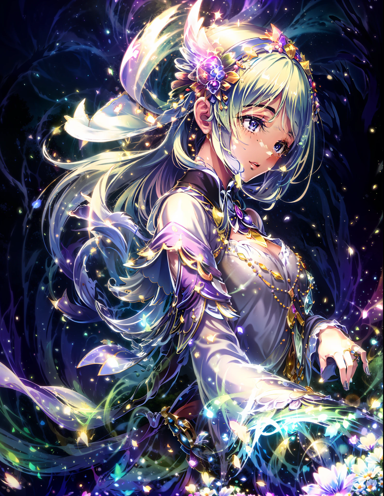 In a realm of enchantment, within a magical forest, a mystical fairy girl emerges, a radiant being adorned in gossamer threads of moonlight. Her dress, woven from petals and stardust, shimmers with an iridescent glow, reflecting the celestial canopy above. As she flutters amidst blossoming trees and twinkling fireflies, the air resonates with the ethereal symphony of nature's whispers, creating a realm where dreams and reality intertwine in a dance of pure enchantment.,emilia