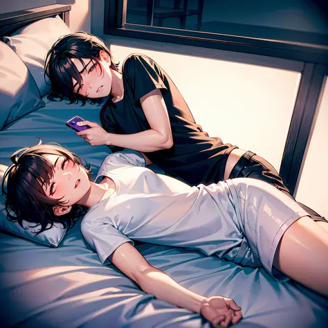 1boys，Lying in bed，Handsome，Half squinting，Wear white short sleeves，Holding a cell phone in his hand，（独奏）, sobu，(inside in room)，Cowboy shooting，brunette color hair