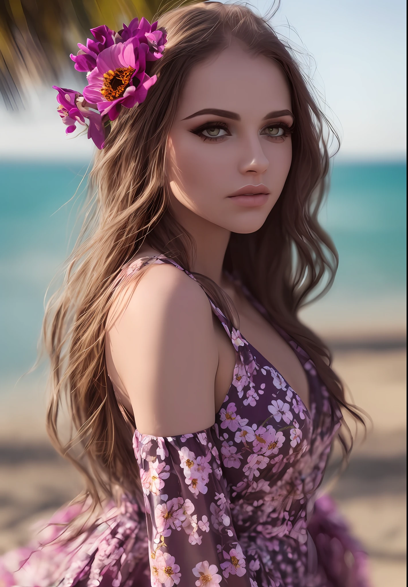 mdnn, (sharp focus:1.2), portrait, attractive young woman, (beautiful face:1.1), detailed eyes, luscious lips, (eye makeup:1.2), (tight body:1.2), wearing (flowery dress:1.2) at (the beach:1.2). (morning sun lighting:1.2), depth of field, bokeh, 4K, HDR. by (James C. Christensen:1.2|Jeremy Lipking:1.1).