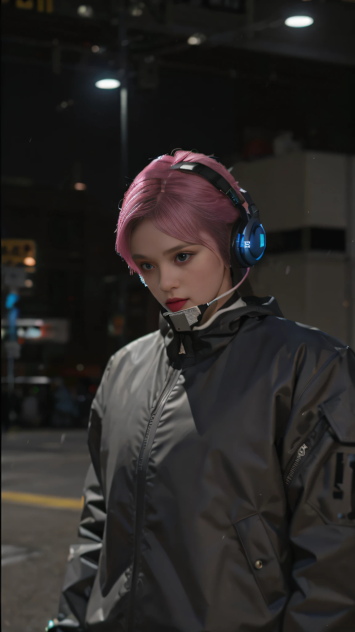 Woman with pink hair wearing headphones and black jacket, Hyper-realistic cyberpunk style, cyber punk style, Rendu portrait 8k, muted cyberpunk style, photograph of a techwear woman, dreamy cyberpunk girl, cyberpunk style color, Guviz-style artwork, cyberpunk anime girl in hoodie, E-Girl, e - girl, female cyberpunk anime girl，GTA5