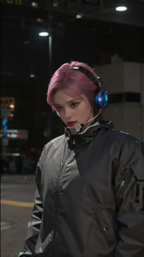 Woman with pink hair wearing headphones and black jacket, Hyper-realistic cyberpunk style, cyber punk style, Rendu portrait 8k, ...